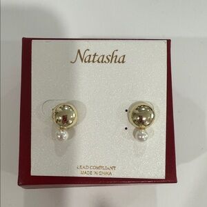 Natasha Couture Gold and White Pearl Earrings